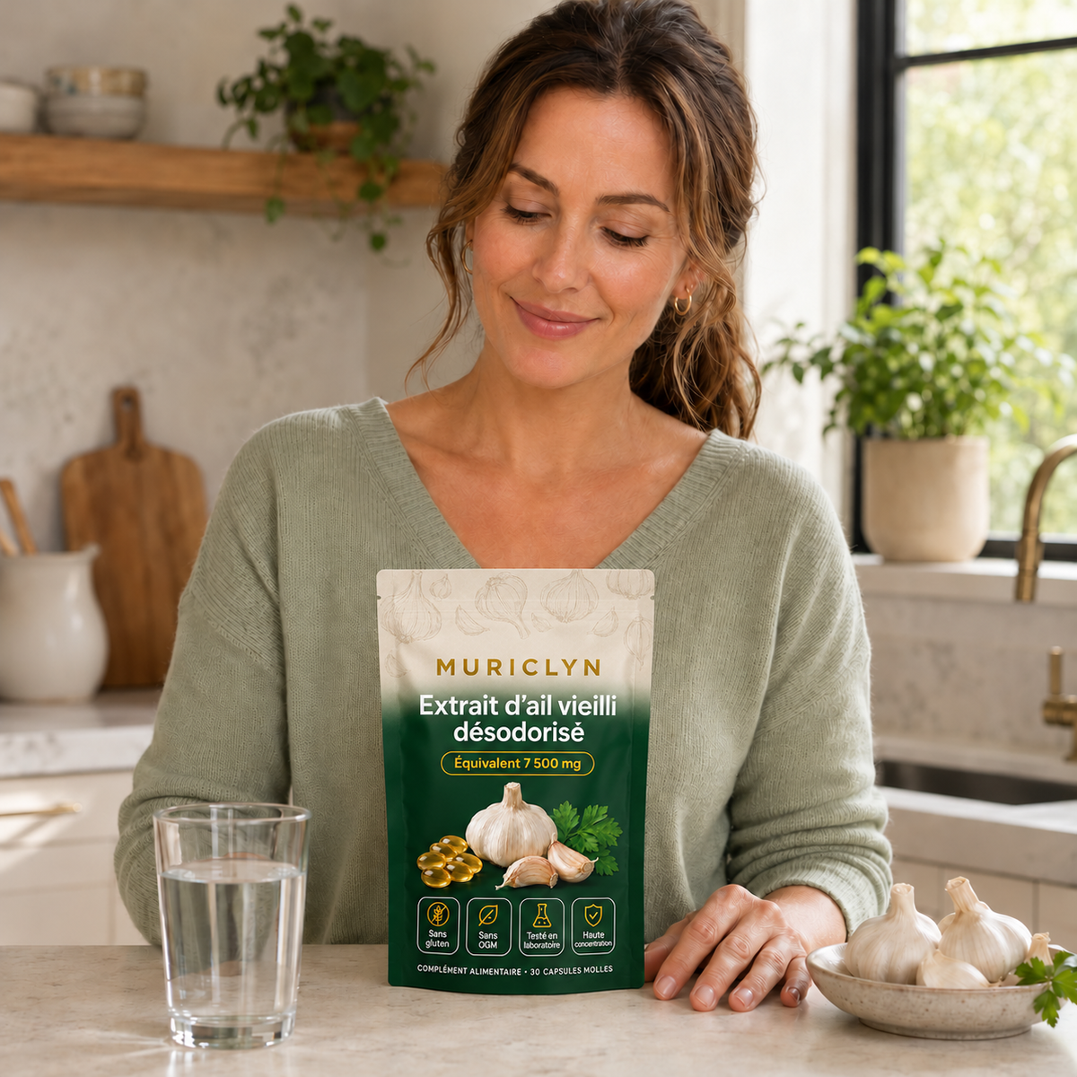 MURICLYN — sachet crème et vert d’extrait d’ail vieilli dans une cuisine, accompagné d’un verre d’eau