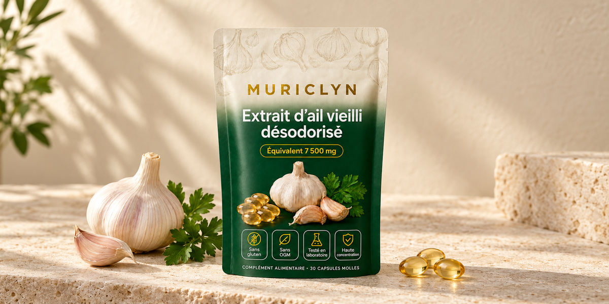 Sachet MURICLYN crème et vert d’extrait d’ail vieilli désodorisé, avec ail et capsules sur une pierre claire.